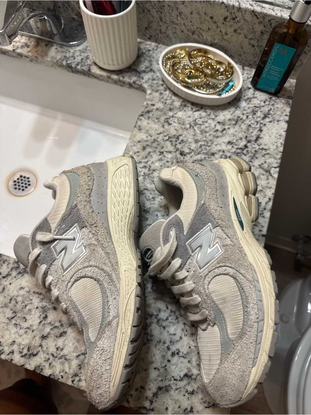 New Balance Beige and Light Gray Suede Mesh Sneakers